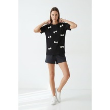 Kadın Fiyonk Detaylı Bisiklet Yaka Tshirt Siyah