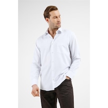 İmza Beyaz - Mavi Çizgili Desen Sert Yaka Uzun Kol Cepli Comfort Fit Pamuklu Gömlek 1004255278 Beyaz - Mavi