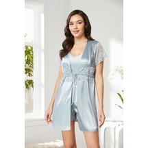 Pierre Cardin Mist Saten Dantelli 3'lü Kadın Sabahlık-şort Takım 2480 Mist