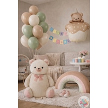Ponçik Ayı Retro Gökkuşağı Balon Konsepti Krem Ayıcık, Kek & Retro Pastel Set Bej