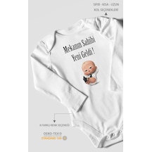 Mekanın Sahibi Yeni Geldi Baskılı Bebek Zıbını Çıtçıtlı Body 8 Renk %100 Pamuk Uzun Kol Beyaz