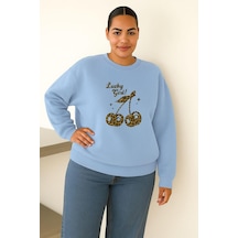 Benroma 3 İplik Penye Lucky Girl Baskılı Büyük Beden Unisex Sweatshırt Bebe Mavisi