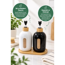 Evonıta 2 Li 500 Ml Bambu Detaylı Sıvı Sabunluk Ve Deterjanlık Seti Siyah Beyaz Pompalı Dispenser Bambu Standlı Beyaz - Siyah