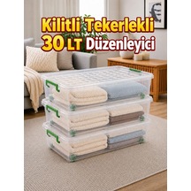 3'lü Set 30 Lt Kilitli Tekerlekli Saklama Kutusu Şeffaf Yatak Altı Düzenleyici Kutu 63x40x18 Cm Çok Renkli