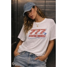 Yolo Street 777 Racing Baskılı Oversize Beyaz Tişört Y2k Kadın Streetwear T-shirt Beyaz