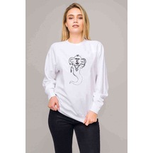 Aladin Lambası Baskılı Beyaz Kadın Sweatshirt