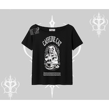 Tarzsokak Kayık Yaka Tshirt Caffeine Cat Kahve Temalı Kedi Baskılı Siyah
