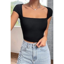 Angbutik Kadın Siyah Kare Yaka Yarım Kol Göğüs Dekolteli Crop Top Bluz