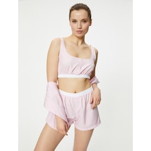 Koton Crop Pijama Üstü Beli Lastikli Düğmeli Askılı Pınk Strıpe 4slk90017mw 4SLK90017MW2S5