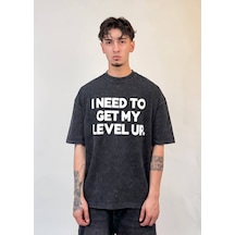 Zaee Level Up Oversize Baskılı Tişört Siyah Eskitme