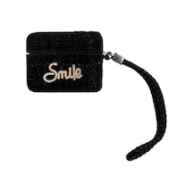 Airpods Pro/pro 2 İle Uyumlu Kumaş Dokulu Taş Detaylı Askılı Kılıf "smile", "goodluck" Ve Ayıcık Figürlü Şık Tasarımlar Smile Siyah