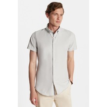 Tudors Erkek Slim Fit Dar Kesim Kısa Kollu Spor Yaka Oxford Doku Pamuklu Gri Gömlek-34362 Gri