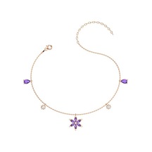 İndigo Takı Ametist Taşlı Lotus Çiçeği Rose Gümüş Halhal Çok Renkli