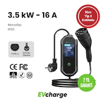 Evcharge 3.5kw 16a Elektrikli Araç Şarj Cihazı,10mt Tp2 Kablolu, Taşıma Çantası 3.5 Kw