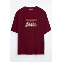 Stranger Cats Baskılı Unisex Siyah - Beyaz -turuncu - Bej Oversize T-shirt Bordo
