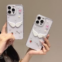3d Melek Kanatlı Çiçekli Şeffaf Simli İphone 15 Plus / 14 Plus Uyumlu Kılıf Kamera Korumalı, Darbe Emici Silikon