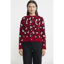 Sementa Leopar Desenli Sakallı Triko Hırka - Kırmızı 001