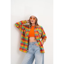 Kadın Desen Bloklu Oduncu Oversize Bol Ve Geniş Kalıp Casual Cepli Yakalı Ceket Gömlek Sarı