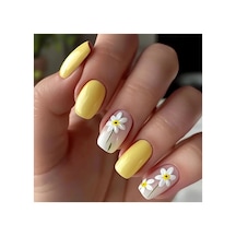 Jelüx - Papatya Çiçekli 24 Adet Pastel Sarı Renkli Yapıştırma Tırnak Sanatı Seti Nail Art