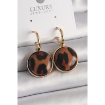 Pirinç Gold Renk Leopar Desenli Daire Model Kadın Küpe Çok Renkli