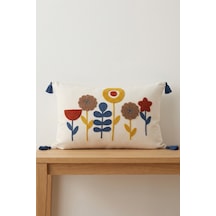 Çiçek Bahçesi Renkli Botanik Punch Nakışlı Püsküllü Pamuk Kırlent Kılıfı 35x55 Cm Mavi