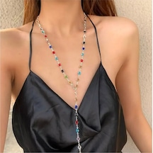 Ervanur Gümüş Kaplama Renkli Taşlı Y Model Kadın Kolye 80 Cm Gümüş