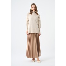 Mizalle Basic Örme Pliseli Krep Bej Etek 001