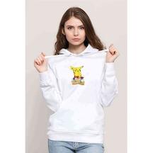 Pokemon 4K Baskılı Beyaz Kadın Kapşonlu Sweatshirt