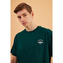 Leo Erkek Oversize Tshirt %100 Pamuk Bisiklet Yaka Baskı Detaylı Basic Tişört Mtlce77 Yeşil