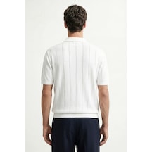 Antioch Fermuar Yaka Çizgili Triko Erkek T-shirt Beyaz
