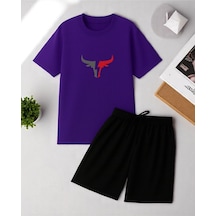 Uyguntarz Unisex Boğa Baskılı Tasarım Şort Takım Mor