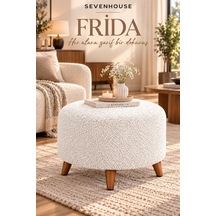 Frida Çok Amaçlı Dekoratif Puf Makyaj Pufu Salon Oturma Pufu Yatak Odası Puf Ahşap Ayaklı Teddy Kumaş Kaplı Puf 60 Cm Beyaz Beyaz