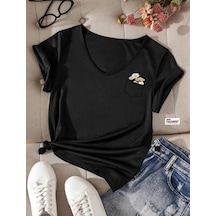 Startmore V Yaka Basic Çiçek Baskılı Pamuklu Tshirt Normal Siyah