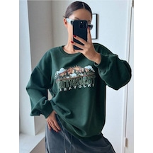 Transition Sweatshirt - Yeşil Baskılı Oversize Kalın Kışlık Bisiklet Yaka Yeşil