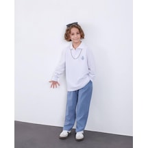 Erkek Çocuk Beyaz Polo Yaka Sweatshirt Siyah Çizgili Pantolon Takım Şık Rahat Günlük Kombin 5084m Mavi