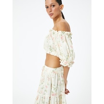 Koton Crop Straplez Atlet Çiçekli Fırfırlı Pamuklu Slim Fit Pembe Desenli 4sak30062ew Pembe