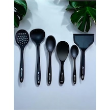 Isıya Dayanıklı Silikon Kevgir Kepçe Kaşık Spatula Seti, 6 Parça, Siyah