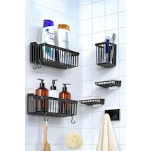 Banyor 6'lı Banyo Seti Yapışkanlı Banyo Düzenleyici Şampuanlık Diş Fırçalık Sabunluk Askılık Takımı Siyah Açık Ahşap