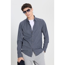 AC&Co / Altınyıldız Classics Erkek Lacı Grı Pamuklu Flanel Comfort Fit Rahat Kesim Gizli Düğmeli Yaka Kareli Gömlek Lacı Grı Lacivert - Gri