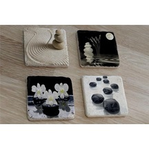 Spa Taşları Ve Kiraz Çiçeği Doğal Taş Bardak Altlığı 4'lü Set - Natural Stone Coasters-174115