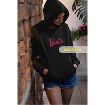 Kapüşonlu İpli Mevsimlik Kadın Barbie Sweatshirt Hoodie Siyah Pembe Xxl Beden