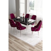 Canisa Tia Serisi 80x132 Mdf Açılabilir Siyah Mermer Desen Krom Detay Mutfak Masası Ve 6 Mürdüm Sandalye Masa Siyah Mermer Desen Sandalye Mürdüm
