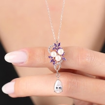 Mia vento Pırlanta Montür Ametist Taşlı Asil İnciler Rose Renk Flowers Gümüş Kolye