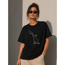 Defymoda Minimal Kedi Çizim Baskılı Tişört Kısa Kol Yazlık T-shirt - Siyah