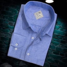 Linen Keten Klasik Mavi Uzun Kollu Erkek Gömlek Regular Kalıp -10091 Mavi