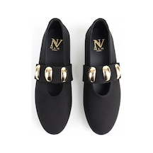 Ne&ve Shoes Siyah Süet Gold Aksesuar Detaylı Lastikli Kadın Şık Ve Rahat Babet