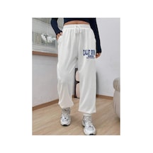 Tarzsokak Letter Graphic Drawstring Waist Slant Pocket 4 Mevsim Eşofman Beyaz
