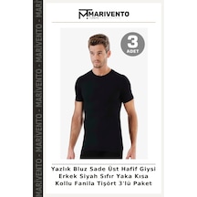 Marivento Yazlık Bluz Sade Üst Hafif Giysi Erkek Siyah Sıfır Yaka Kısa Kollu Fanila Tişört 3'lü Paket