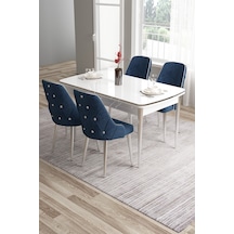 Canisa Tia Serisi 80x132 Açılabilir Mdf Beyaz Krom Detay Yemek Masası Takımı Ve 4 Lacivert Sandalye Masa Beyaz Sandalye Lacivert