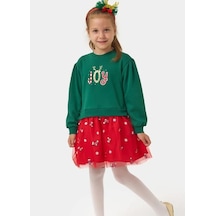 Kız Çocuk Joy Baskılı Tüllü Yıllbaşı Elbisesi Nbk-24908 Yeşil